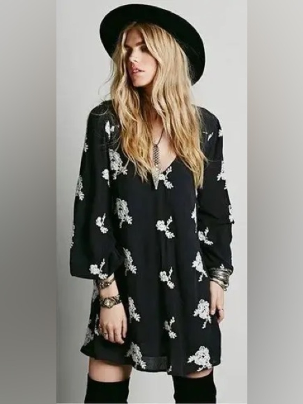 Free People Black Floral Embroidered Austin Mini Dress S